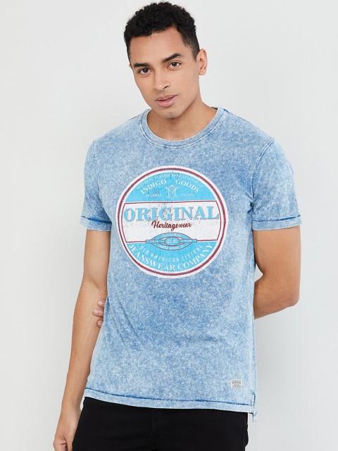 

max Men Blue Printed Round Neck T-shirt