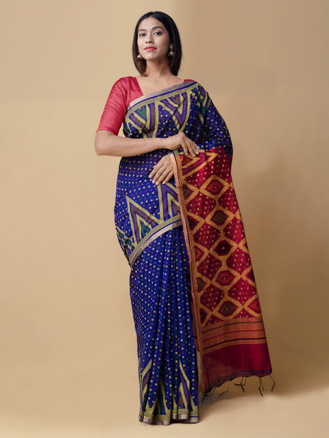 

Unnati Silks Blue & Red Pure Handloom Bengal Cotton Saree with Tassels