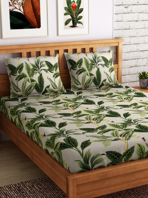 

PETAL HOME Grey & Green Floral 300 TC Cotton 1 King Bedsheet with 2 Pillow Covers