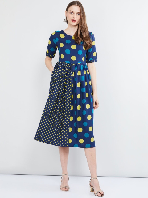 max Women Navy Blue & Yellow Printed A-Line Dress