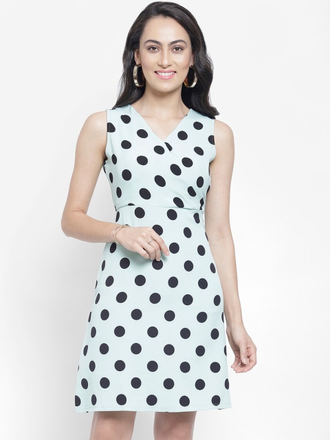 

NIXX Women Sea Green & Black Polka Dots Printed Fit and Flare Dress