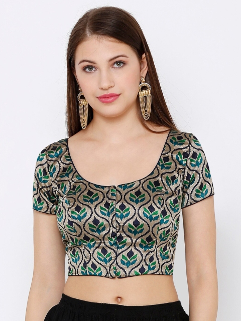 

SALWAR STUDIO Women Navy Blue & Gold-Coloured Printed Readymade Saree Blouse