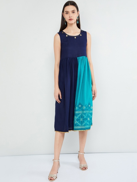 

max Women Navy Blue & Sea Green Colourblocked A-Line Dress