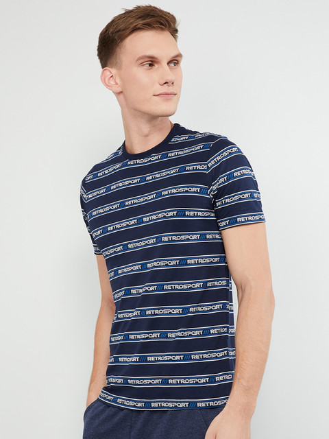 

max Men Navy Blue & White Printed Round Neck Slim Fit T-shirt