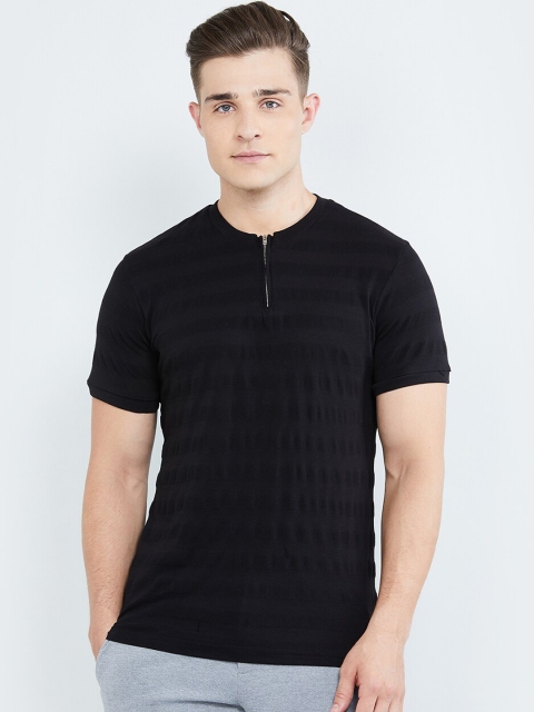 

max Men Black Striped Henley Neck Slim Fit T-shirt
