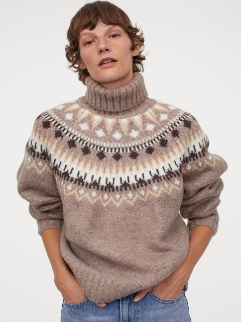 

H&M Women Beige Jacquard-Knit Polo-Neck Jumper