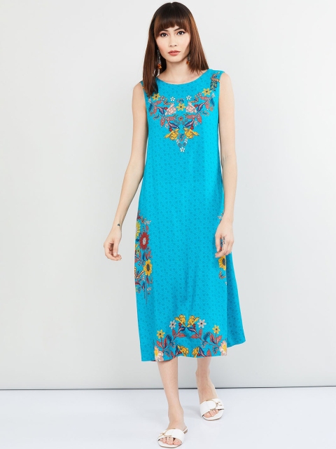 

max Women Turquoise Blue & Yellow Floral Printed A-Line Dress