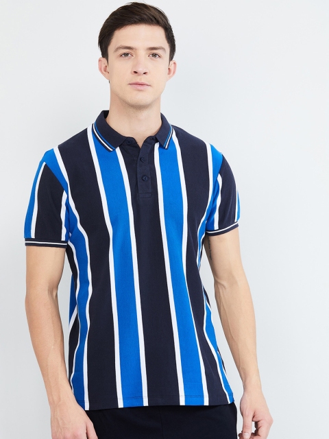 

max Men Blue Striped Polo Collar T-shirt