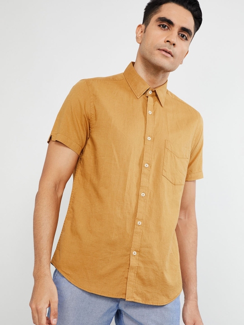 

max Men Mustard Yellow Regular Fit Cotton Linen Solid Casual Shirt