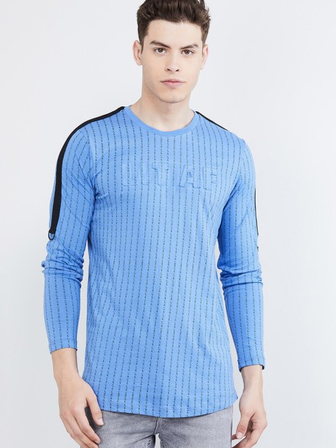

max Men Blue Striped Round Neck Slim Fit T-shirt