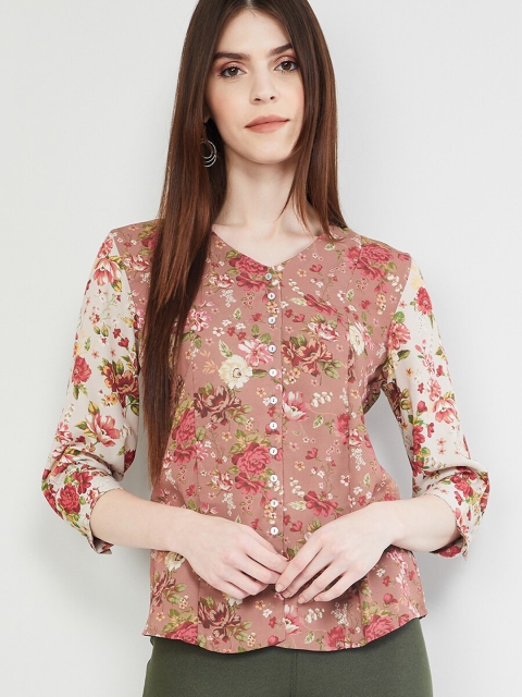 

max Women Brown & Red Floral Printed Shirt Style Top