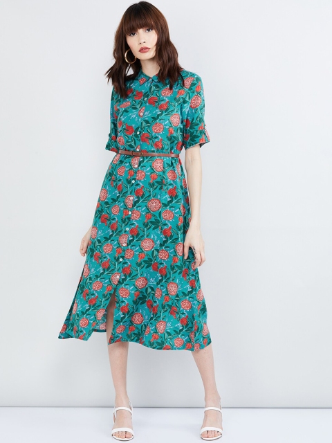 

max Women Turquoise Blue Floral Printed A-Line Dress