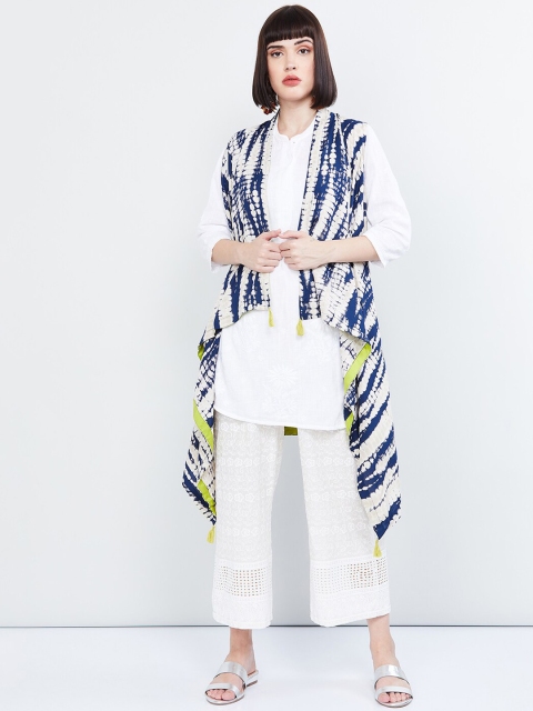 

max Women Navy Blue Printed Open Front Ethnic Longline Shrug