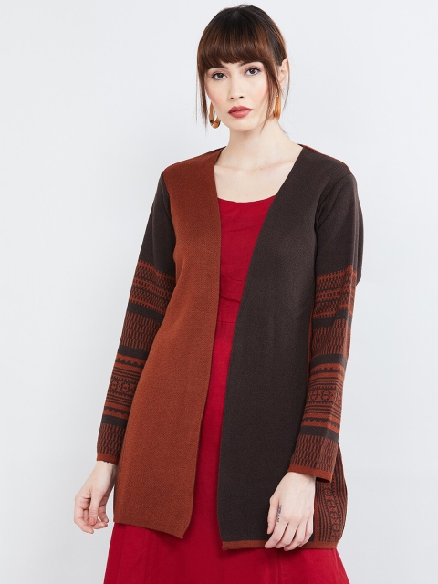 

max Women Brown & Grey Colourblocked Open Front Shrug