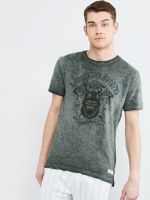 

max Men Olive Green & Black Printed Round Neck T-shirt