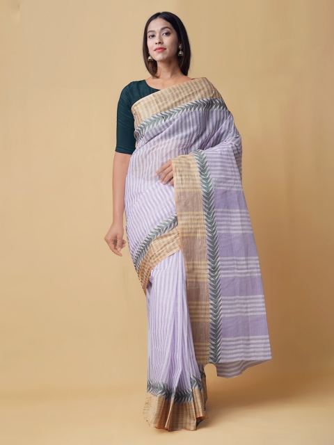 

Unnati Silks Lavender & Gold-Coloured Striped Pure Handloom Cotton Saree
