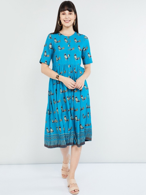 

max Women Turquoise Blue & Beige Printed A-Line Dress