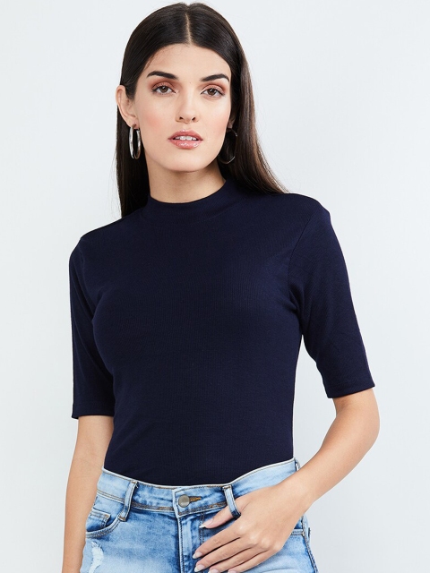 

max Women Navy Blue Solid Fitted Top
