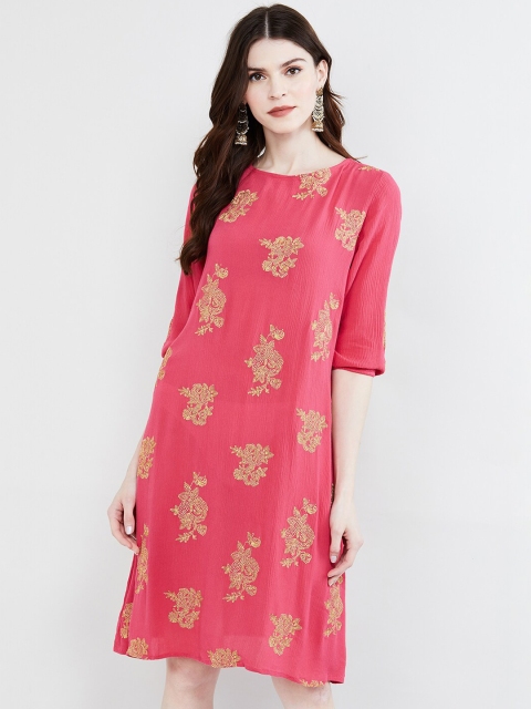 

max Women Pink & Gold-Coloured Floral Embroidered A-Line Dress
