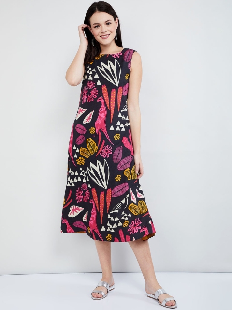 max Women Black & Pink Floral Printed A-Line Dress