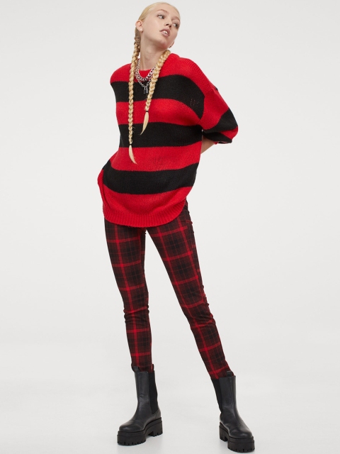 

H&M Women Red & Black Checked Twill Trousers