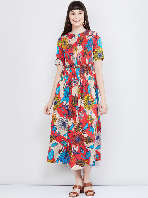 

max Women Red & Yellow Floral Printed A-Line Dress