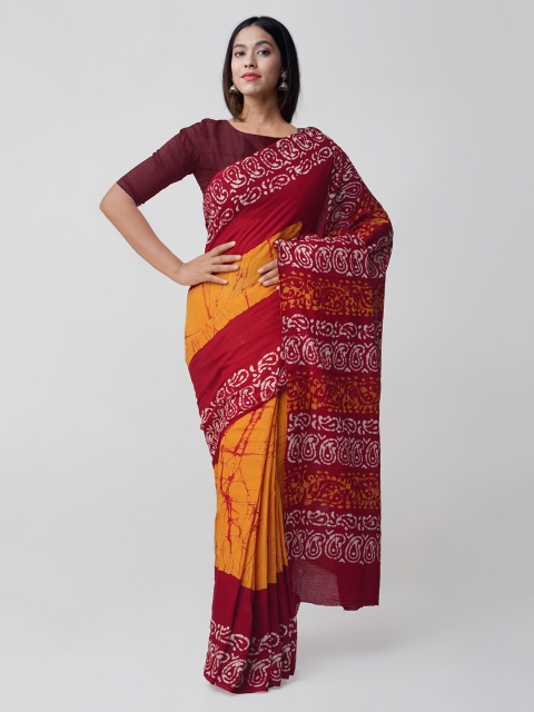 

Unnati Silks Red & Yellow Pure Cotton Printed Kota Saree