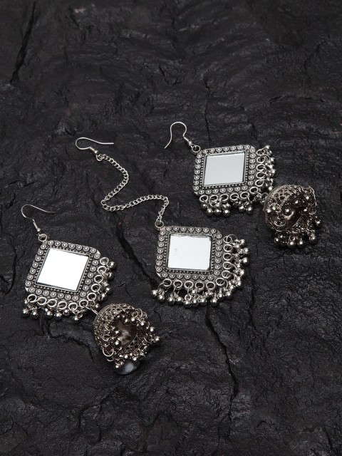 

PANASH Oxidized Silver-Plated White Mirror Embedded Jewellery Set