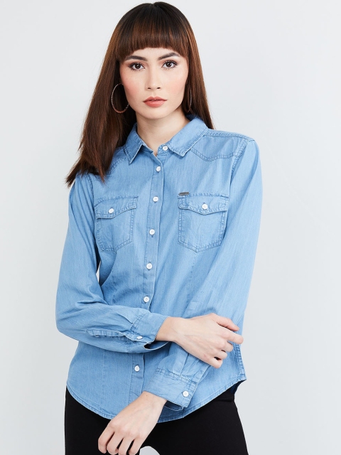 max Women Blue Regular Fit Solid Casual Shirt