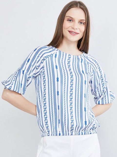 

max Women White & Blue Printed Blouson Top