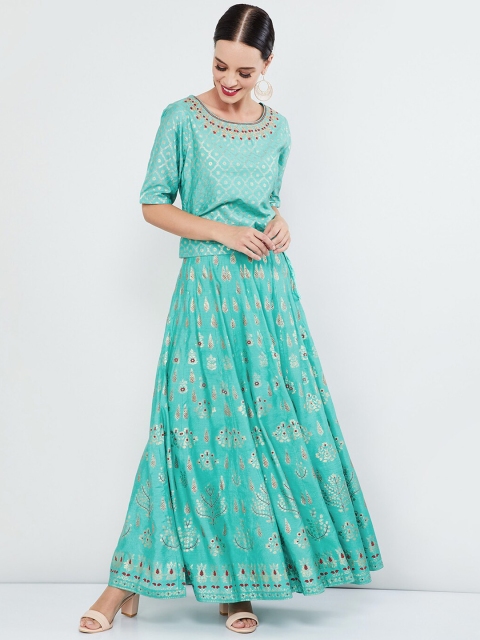 

max Sea Green & Beige Embroidered Ready to Wear Lehenga & Blouse with Dupatta