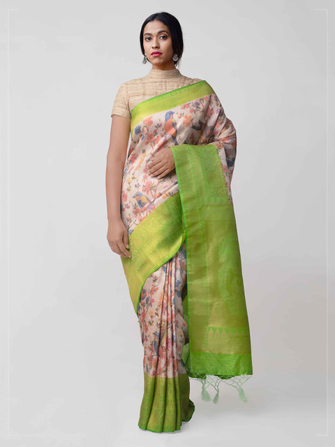 

Unnati Silks Cream-Coloured & Green Silk Cotton Printed Banarasi Saree