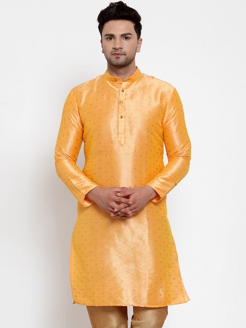 Jompers Men Peach-Coloured & Gold-Toned Printed Straight Kurta