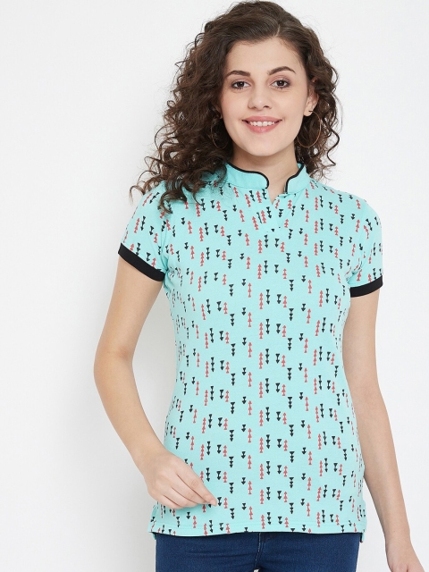 

JUMP USA Women Blue Printed Mandarin Collar T-shirt