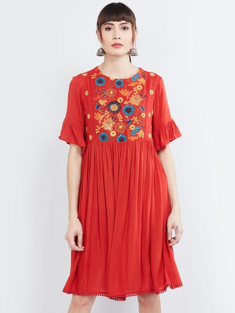 

max Women Red Embroidered A-Line Dress