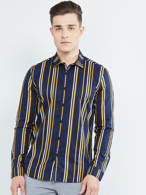 

max Men Navy Blue & Yellow Slim Fit Striped Casual Shirt