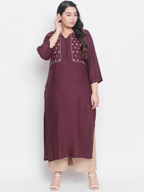 

Amydus Women Burgundy Embroidered Straight Kurta