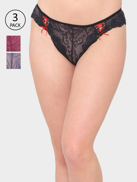 

N-Gal Women Pack Of 3 Solid Sheer Lace Thongs NTDT10, Black