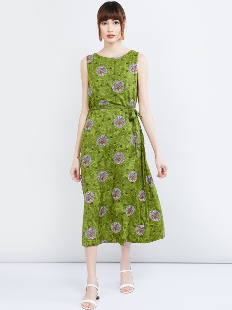 max Women Olive Green Printed A-Line Dress