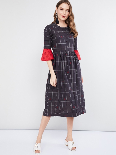 

max Women Black & White Embroidered Checked A-Line Dress
