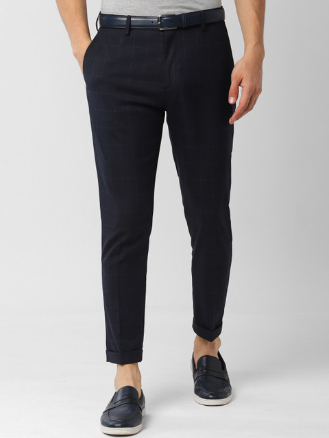 

Peter England Men Navy Blue Tapered Fit Checked Regular Trousers