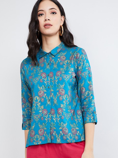 

max Women Blue Printed Shirt Style Top
