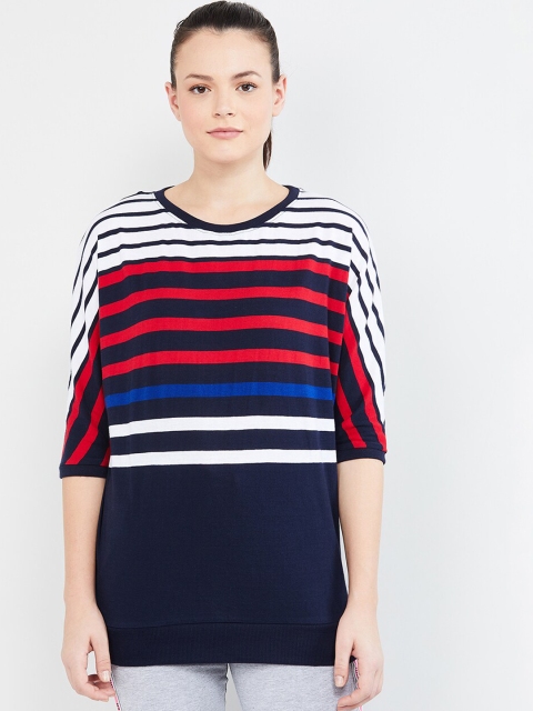 

max Women Navy Blue & Red Striped Pure Cotton Top