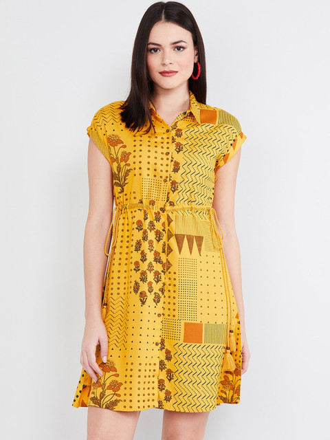 

max Women Mustard Yellow & Brown Floral Printed Shirt Dress