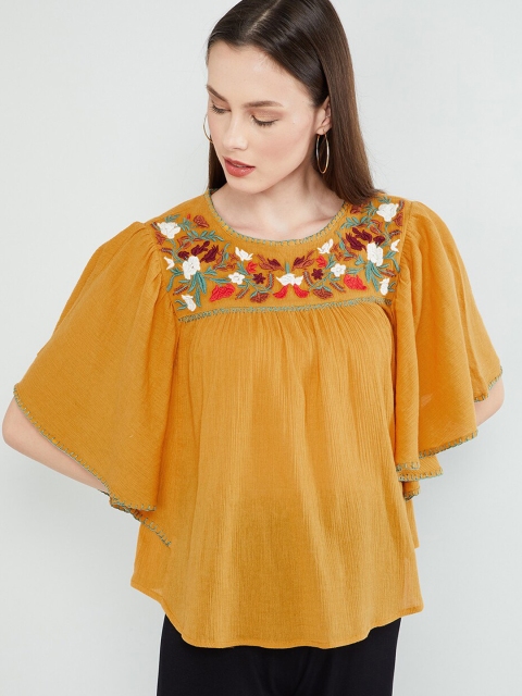 

max Women Mustard Yellow Embroidered A-Line Top