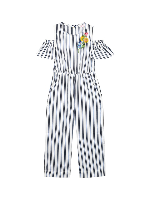 

Budding Bees Girls Off-White & Blue Striped Basic Jumpsuit