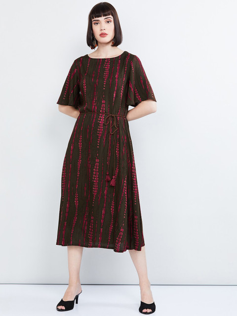 

max Women Olive Green & Pink Printed A-Line Dress
