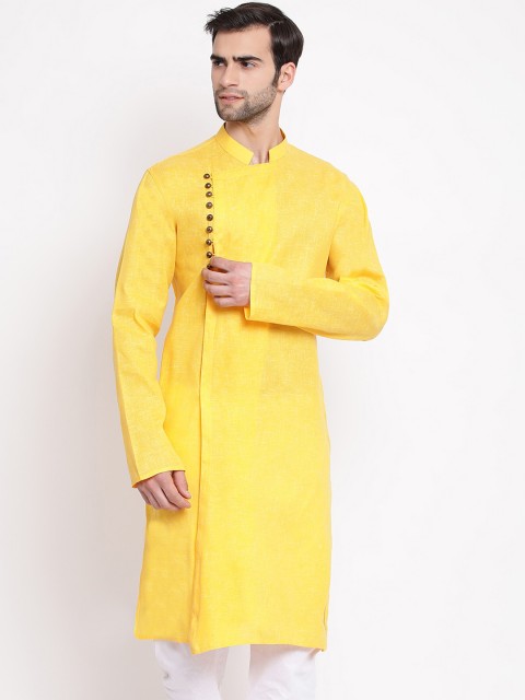 

VASTRAMAY Men Yellow Solid Straight Kurta