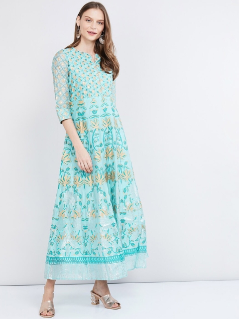 

max Women Turquoise Blue & Gold-Coloured Floral Embroidered Maxi Dress