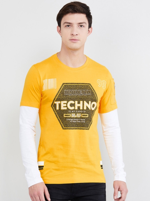 

max Men Yellow Printed Round Neck T-shirt